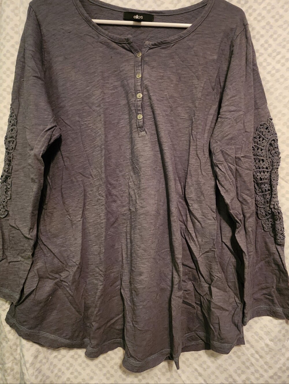 ellos Women's Long Sleeve Dark Green/Gray Henley with Crochet Elbow Panels